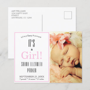 Modern Pink Girl Photo Birth Announcement Briefkaa Aankondigingskaart