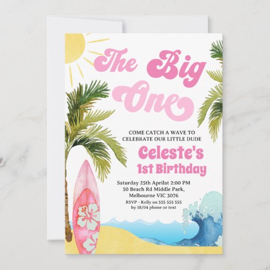 Modern Pink Girls Surf Wave Big One 1st Birthday  Kaart (Voorkant)