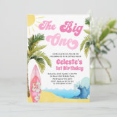 Modern Pink Girls Surf Wave Big One 1st Birthday  Kaart (Staand voorkant)