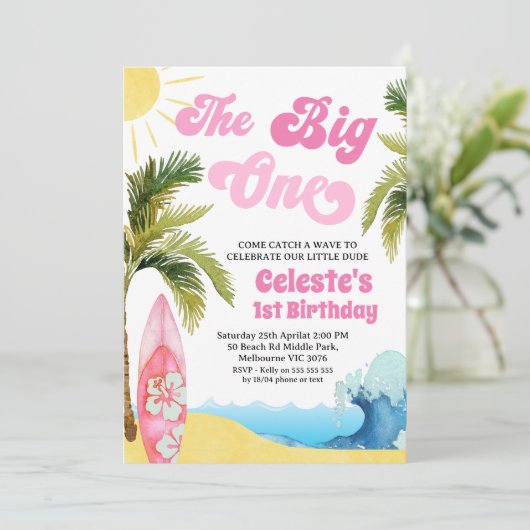 Modern Pink Girls Surf Wave Big One 1st Birthday  Kaart (Staand voorkant)