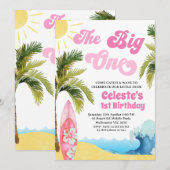 Modern Pink Girls Surf Wave Big One 1st Birthday  Kaart (Voorkant / Achterkant)