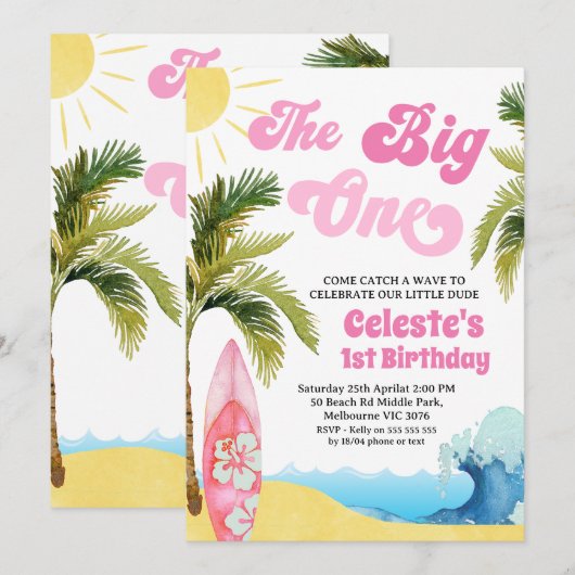 Modern Pink Girls Surf Wave Big One 1st Birthday  Kaart (Voorkant / Achterkant)