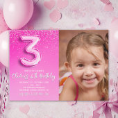 Modern Pink Glitter Balloon 3rd Birthday Photo  Kaart