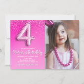 Modern Pink Glitter Balloon 4th Birthday Photo  Kaart (Voorkant)