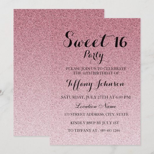Modern Pink Glitter Faux Ombre Sweet 16 Uitnodigin Kaart (Voorkant / Achterkant)