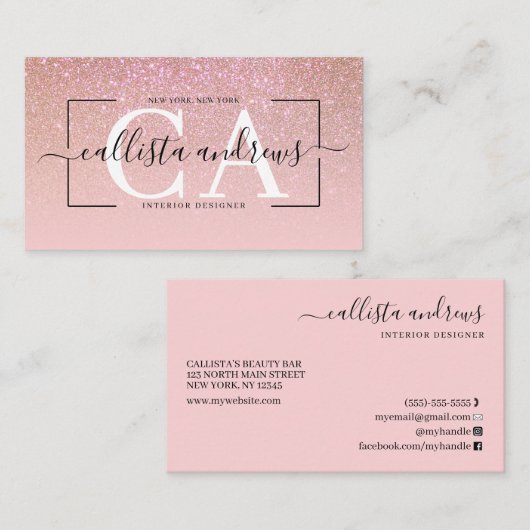 Modern Pink Glitter Gradient Signature Script Visitekaartje (Voorkant / Achterkant)
