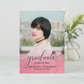 Modern Pink Glitter Ombre Girly Foto Afstuderen Aankondiging (Staand voorkant)