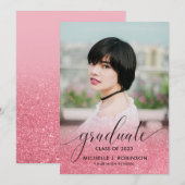 Modern Pink Glitter Ombre Girly Foto Afstuderen Aankondiging (Voorkant / Achterkant)