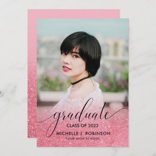 Modern Pink Glitter Ombre Girly Foto Afstuderen Aankondiging (Voorkant / Achterkant)