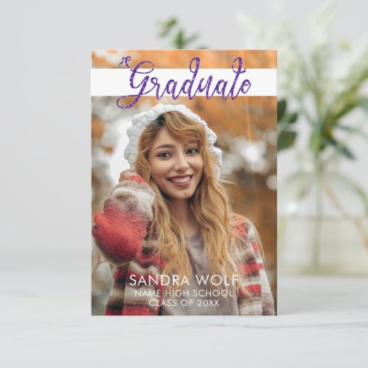 Modern Pink Glitter Script Foto Afstuderen Kaart (Staand voorkant)
