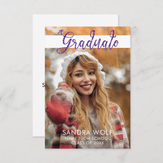 Modern Pink Glitter Script Foto Afstuderen Kaart (Voorkant / Achterkant)