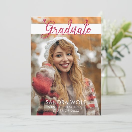 Modern Pink Glitter Script Foto Afstuderen Kaart (Staand voorkant)