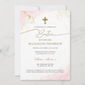 Modern Pink Gold Cross Girl Baptism Bautizo Kaart (Voorkant)