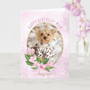 Modern Pink Gold Floral Wreatg Dog Foto van Birthd Kaart