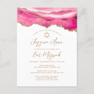 Modern Pink Gold Glitter Agate Bat Mitzvah Aankondigingskaart