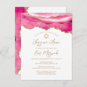 Modern Pink Gold Glitter Agate Bat Mitzvah Aankondigingskaart (Voorkant / Achterkant)
