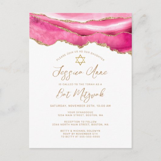 Modern Pink Gold Glitter Agate Bat Mitzvah Aankondigingskaart (Voorkant)