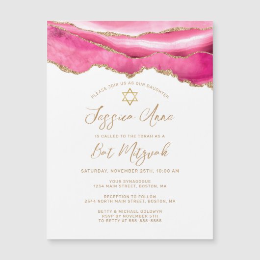 Modern Pink Gold Glitter Agate Bat Mitzvah Invite (Voorkant)