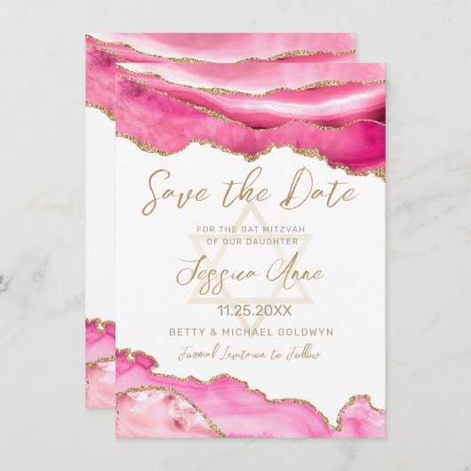 Modern Pink Gold Glitter Agate Bat Mitzvah Save The Date (Voorkant / Achterkant)