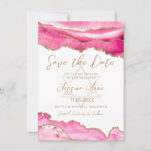 Modern Pink Gold Glitter Agate Bat Mitzvah Save The Date (Voorkant)