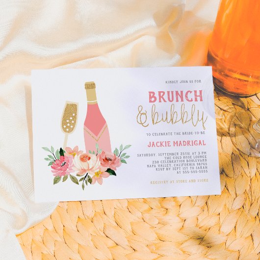 Modern Pink & Gold Glitter Bridal Brunch & Bubble Kaart