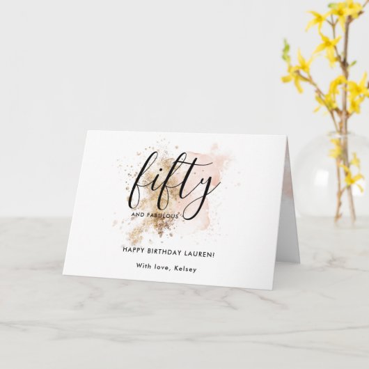 Modern Pink Gold Glitter Girly 50e verjaardag Kaart (Gele Bloem)