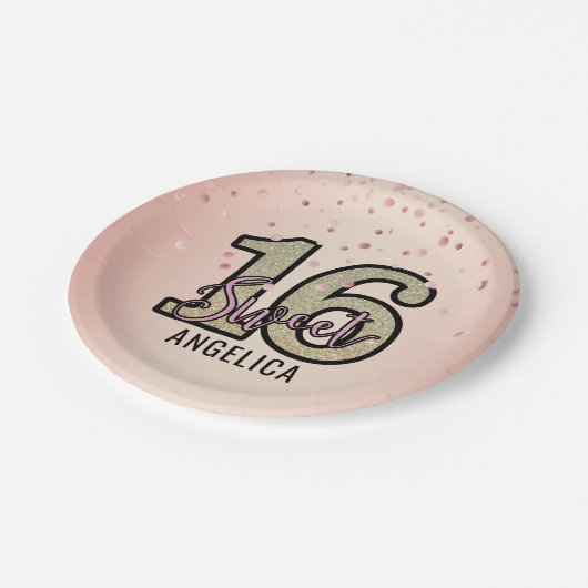 Modern Pink Gold Glitter Sweet 16 Zestien verjaard Papieren Bordje (Gekanteld)