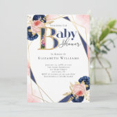 Modern Pink Gold Navy Blue Bloemenmeisje Baby show Kaart (Staand voorkant)