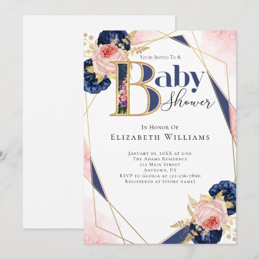 Modern Pink Gold Navy Blue Bloemenmeisje Baby show Kaart (Voorkant / Achterkant)