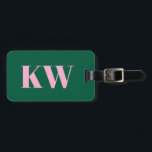 Modern Pink Green Monogram Initials Personalized Bagagelabel<br><div class="desc">This luggage tag features your initials and contact information in pink on a green background.</div>