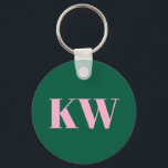 Modern Pink Green Monogram Initials Personalized Sleutelhanger<br><div class="desc">This personalized keychain features bold serif initials in soft pink set against a green background.</div>