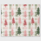 Modern Pink & Green Pine Tree Plaid Christmas Cadeaupapier (Vlak)