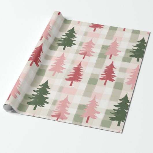 Modern Pink & Green Pine Tree Plaid Christmas Cadeaupapier (Uitgerold)