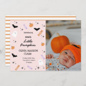 Modern Pink Halloween Little Pumpkin Birth Aankondiging (Voorkant / Achterkant)