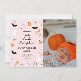 Modern Pink Halloween Little Pumpkin Birth Aankondiging