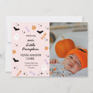 Modern Pink Halloween Little Pumpkin Birth Aankondiging