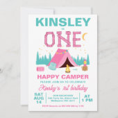 Modern Pink Happy Camper Thema 1e Verjaardag Kaart (Voorkant)