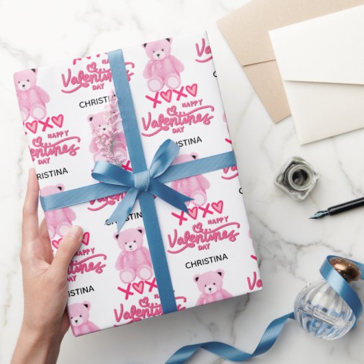 Modern Pink Happy Valentines Day Script Teddy Bear Cadeaupapier (Geschenken)
