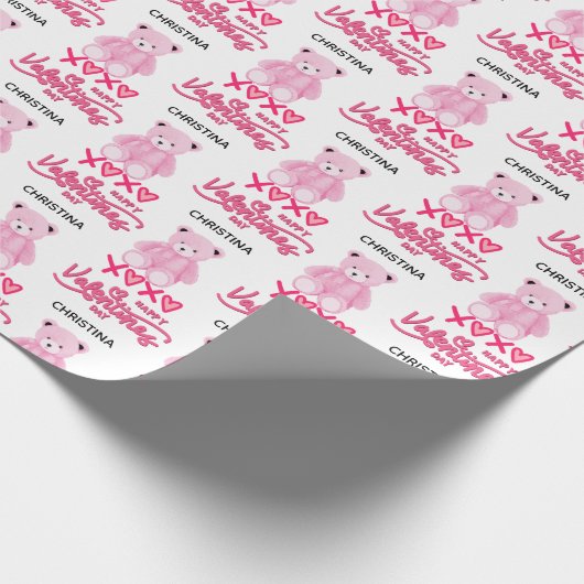 Modern Pink Happy Valentines Day Script Teddy Bear Cadeaupapier (Hoek)