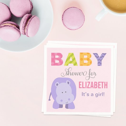 Modern Pink Hippo Oerwoud Animal Girl Baby shower Servetten