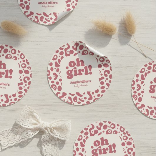 Modern Pink Leopard Oh Girl! Baby Shower Ronde Sticker