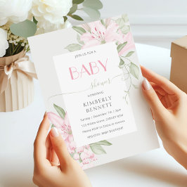 Modern Pink Lily Green Leaves Baby shower Kaart