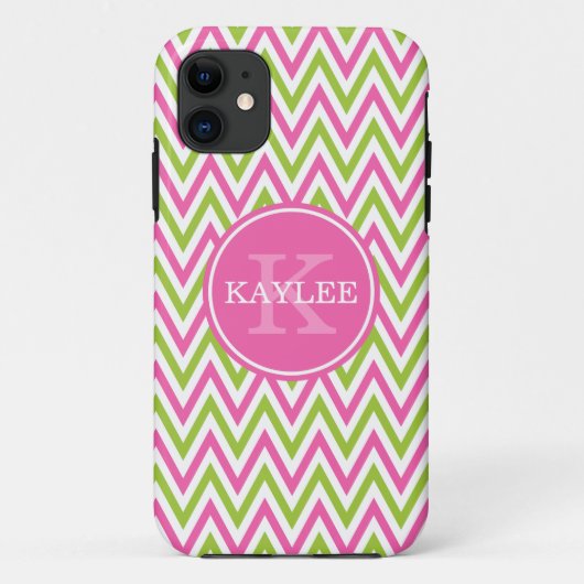 Modern Pink Lime Green Chevron & Monogram Case-Mate iPhone Case (Achterkant)