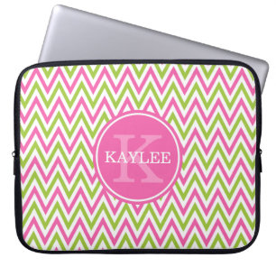 Modern Pink Lime Green Chevron & Monogram Laptop Sleeve