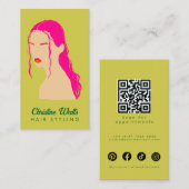 Modern Pink Lime Green Hair Styling Flat Design QR Visitekaartje (Voorkant / Achterkant)