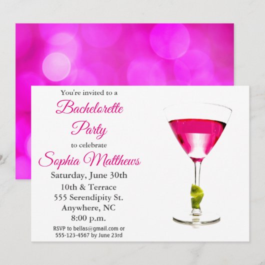 Modern Pink Martini Cocktail Bachelorette Party Kaart (Voorkant / Achterkant)