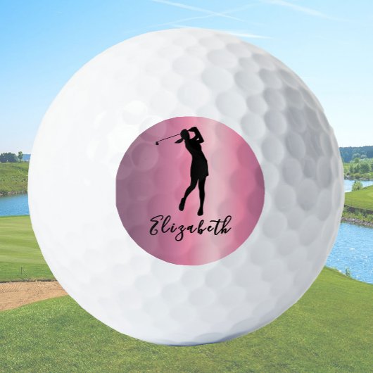 Modern Pink Metallic Look Lady Golfer Custom Name Golfballen