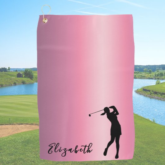 Modern Pink Metallic Look Lady Golfer Custom Name Golfhanddoek
