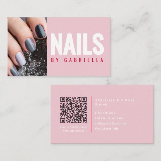 Modern Pink Nail Technician QR Code Photo Visitekaartje (Voorkant / Achterkant)