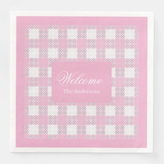 Modern Pink Napkins Personalized Plaid Accent Servet (Voorkant)